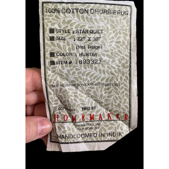 Green White Rug Scatter Dhurrie Star Quilt Pattern Amish Country Look 22"x38" - Picture 11 of 12